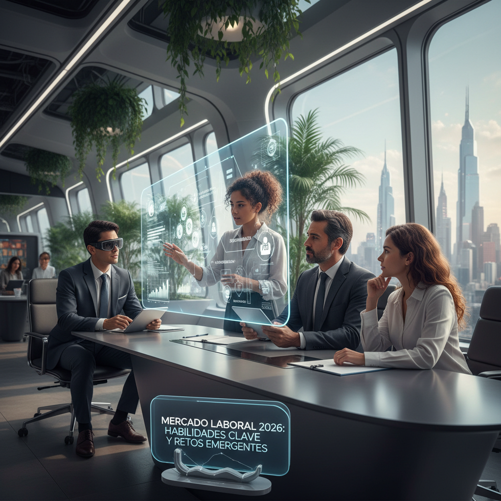 Reunión futurista. Mujer presenta con holograma sobre "Mercado Laboral 2026", ante 3 colegas, uno con gafas AR.