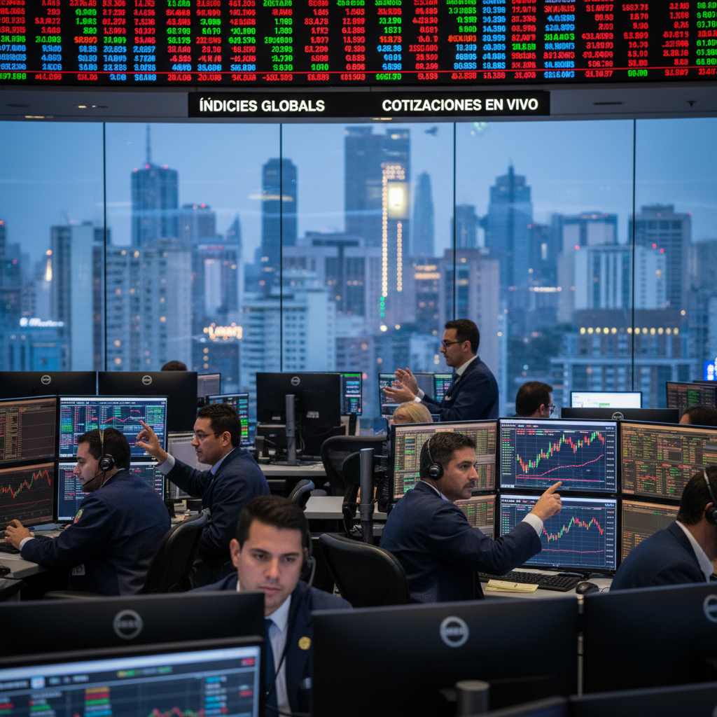 Traders observan pantallas en una sala de operaciones llena de monitores. Una ciudad iluminada se ve a través de los ventanales.