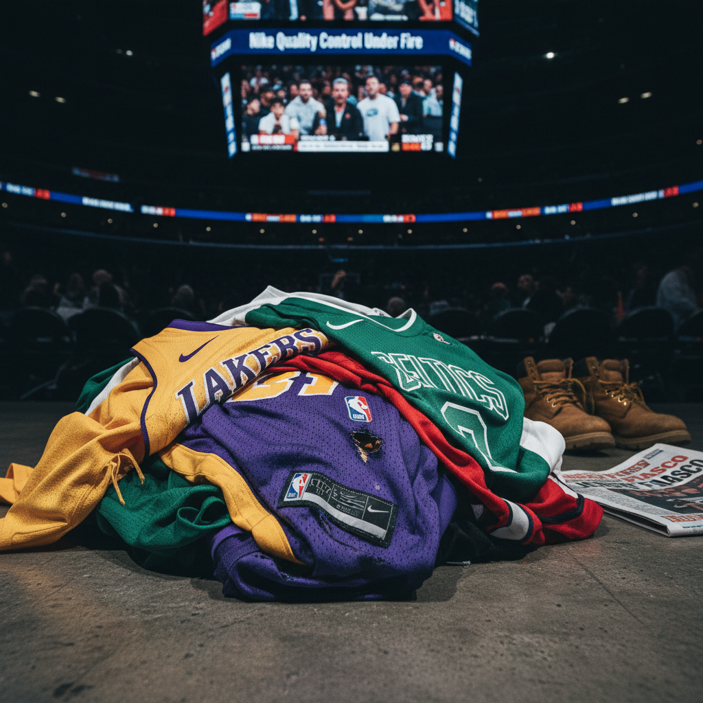 Pile of NBA jerseys (Lakers, Celtics) on arena floor, boots, newspaper, and "Nike Quality Control Under Fire" on screen.