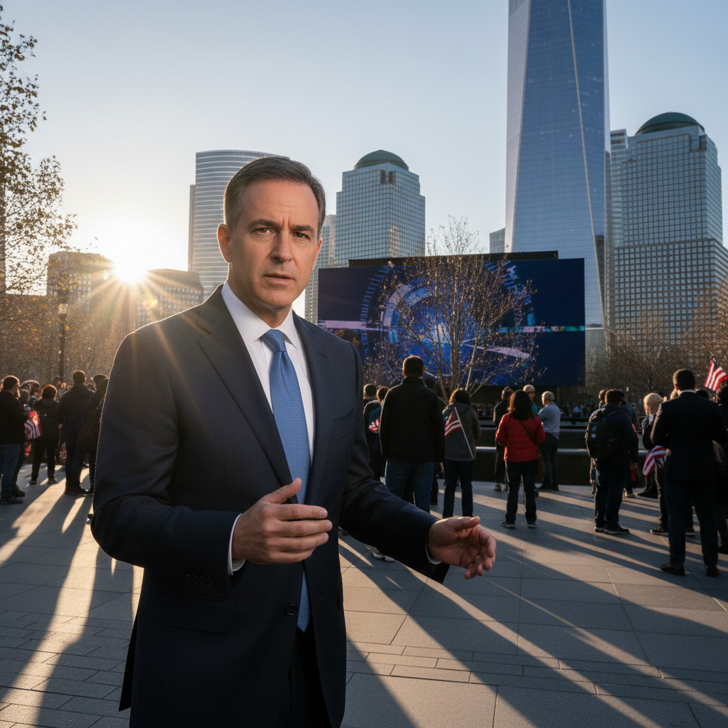 News anchor in dark suit and blue tie speaks in front of crowd, NYC skyline (One World Trade Center) & large screen.